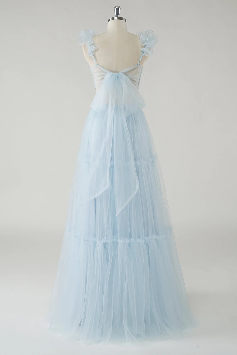 Sky Blue A-Line Ruffles Straps V-Neck Tulle Long Bridesmaid Dress - Image 2