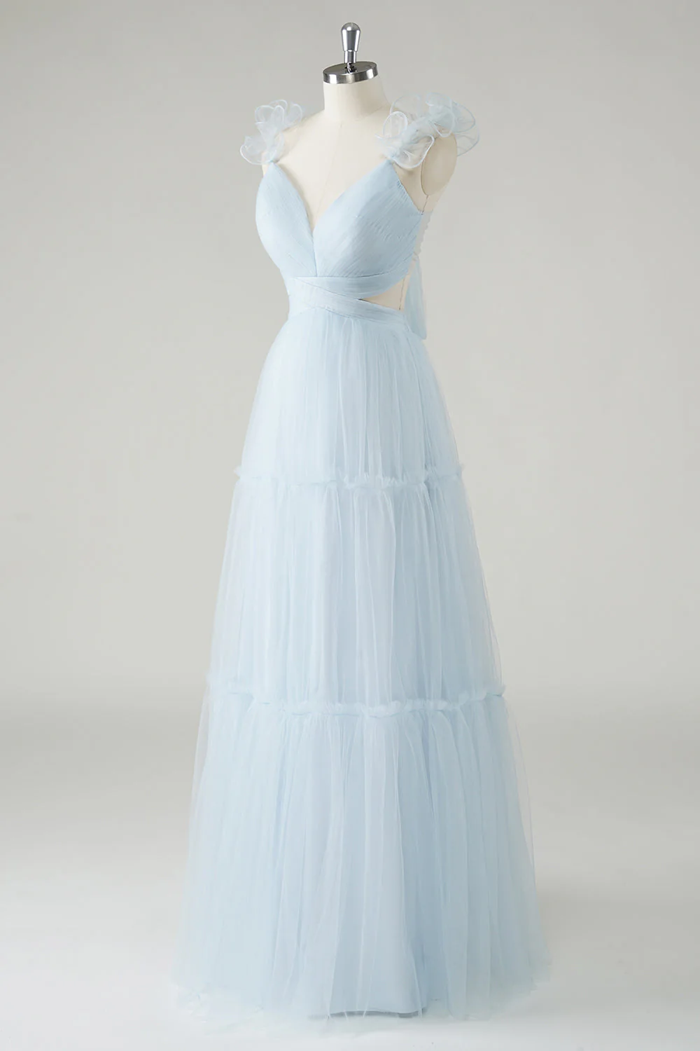 Sky Blue A-Line Ruffles Straps V-Neck Tulle Long Bridesmaid Dress - Image 3