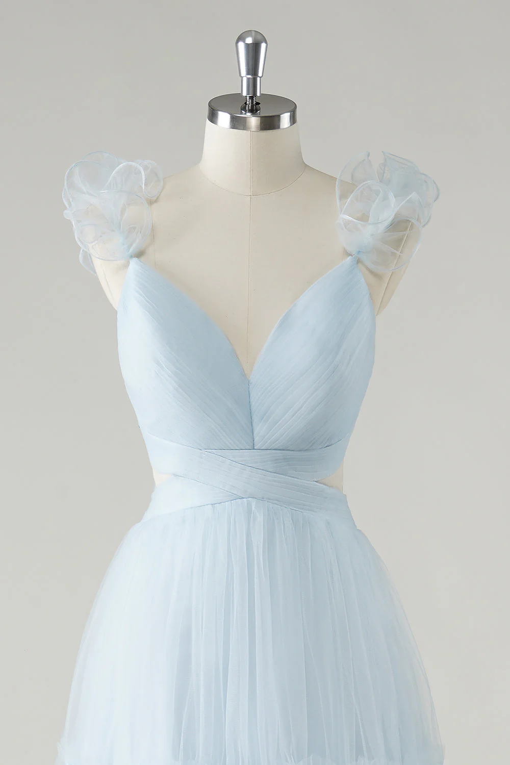 Sky Blue A-Line Ruffles Straps V-Neck Tulle Long Bridesmaid Dress - Image 4