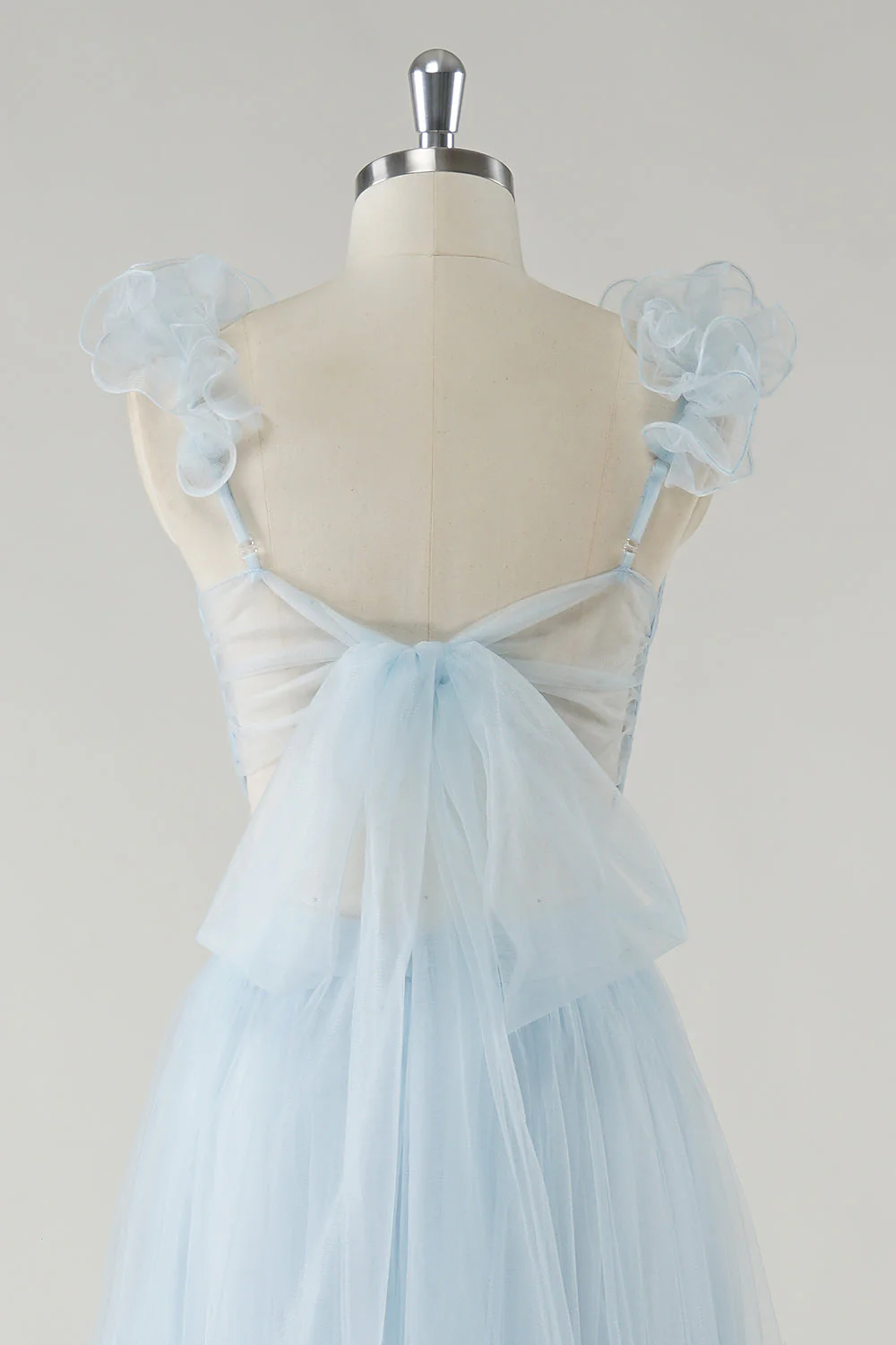 Sky Blue A-Line Ruffles Straps V-Neck Tulle Long Bridesmaid Dress - Image 5