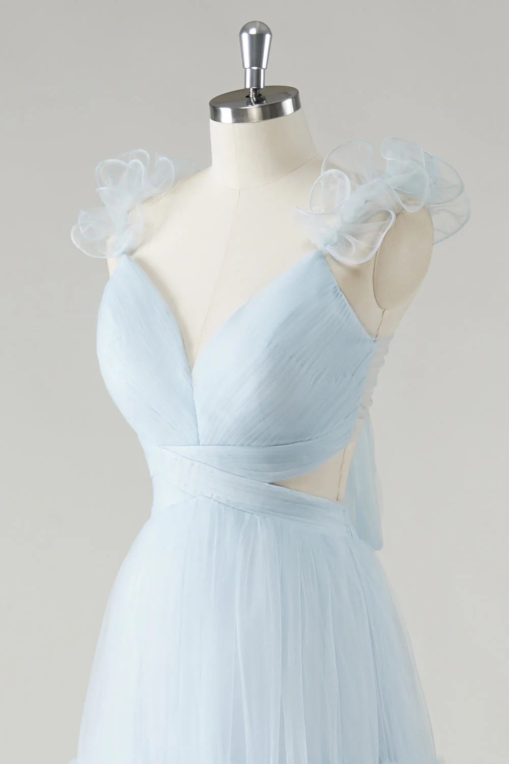 Sky Blue A-Line Ruffles Straps V-Neck Tulle Long Bridesmaid Dress - Image 6