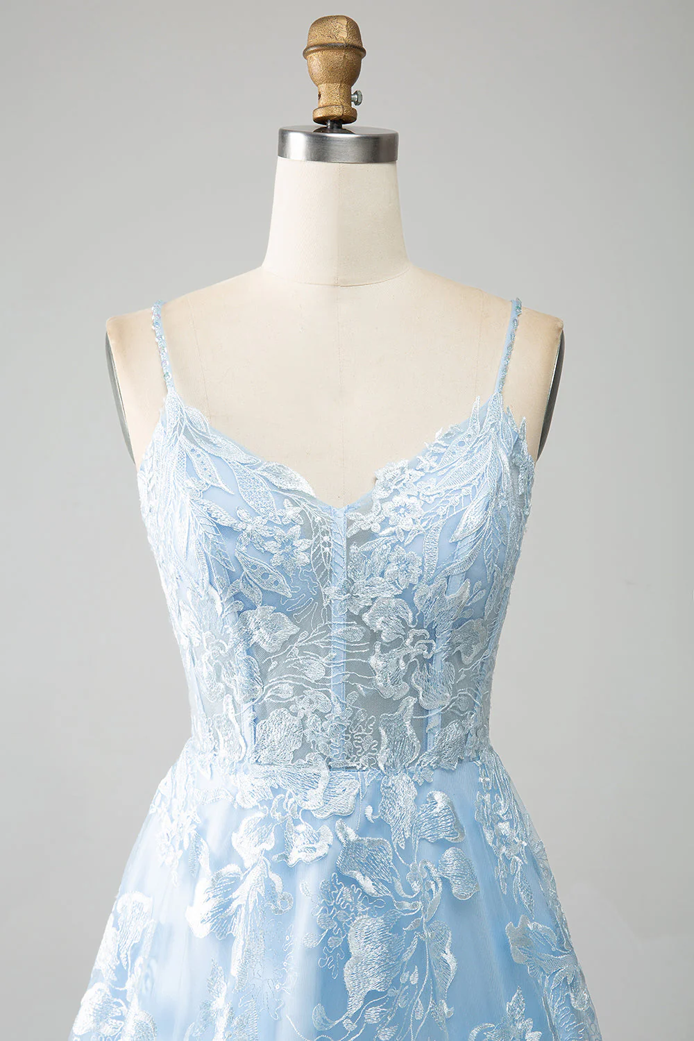 Sky Blue A-Line Spaghetti Straps Lace Long Corset Prom Dress - Image 4