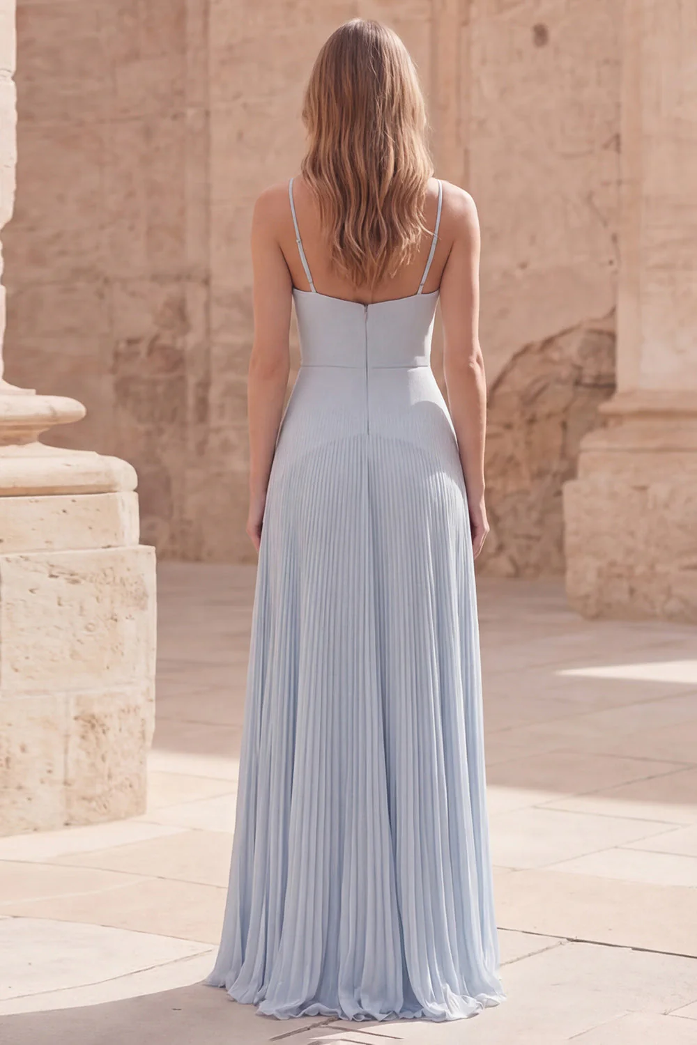 Sky Blue A-Line Spaghetti Straps Pleated Long Prom Dress - Image 2