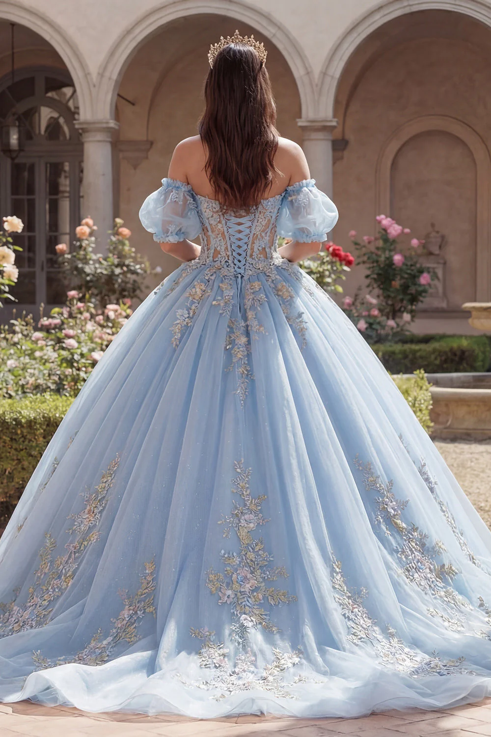 Sky Blue Ball Gown Off the Shoulder Appliqued Corset Quinceanera Dress with Puff Sleeves - Image 2