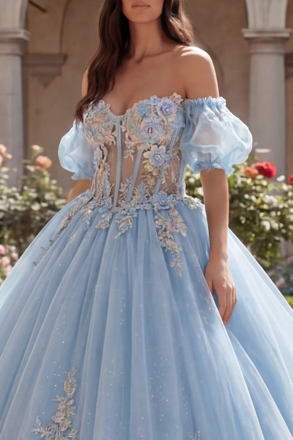 Sky Blue Ball Gown Off the Shoulder Appliqued Corset Quinceanera Dress with Puff Sleeves - Image 3