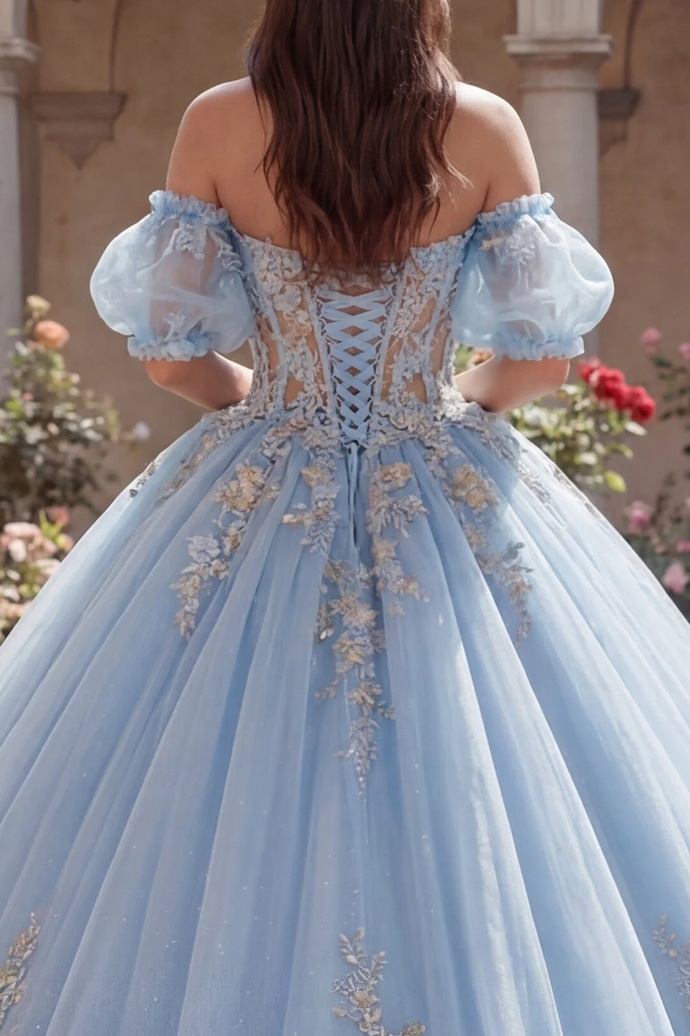 Sky Blue Ball Gown Off the Shoulder Appliqued Corset Quinceanera Dress with Puff Sleeves - Image 4