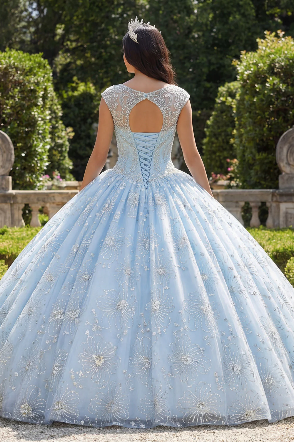 Sky Blue Beaded Ball Gown Illusion Neck Quinceanera Dress - Image 2