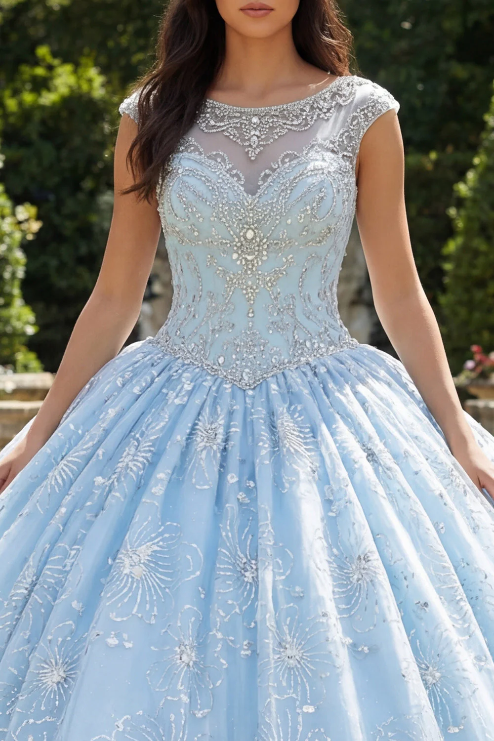 Sky Blue Beaded Ball Gown Illusion Neck Quinceanera Dress - Image 3
