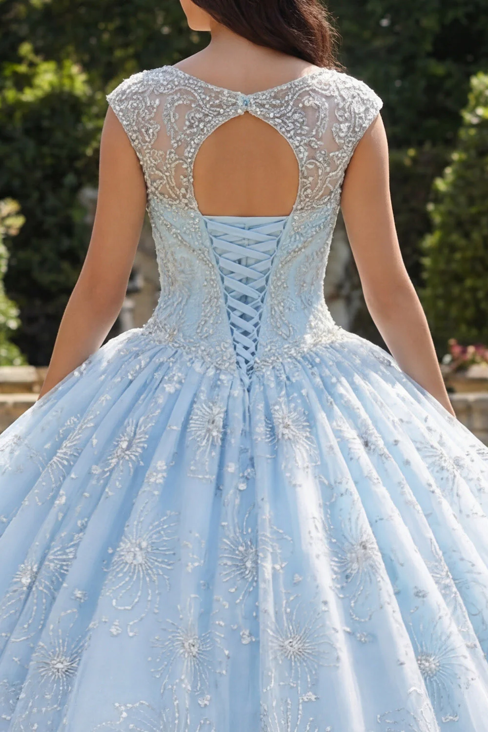 Sky Blue Beaded Ball Gown Illusion Neck Quinceanera Dress - Image 4