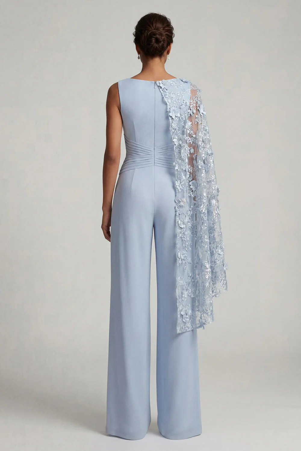 Sky Blue Boat Neck 3D Flowers Long Mother of the Bride Jumpsuits with Side Cape - Image 2