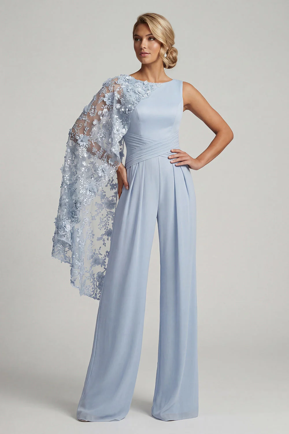 Sky Blue Boat Neck 3D Flowers Long Mother of the Bride Jumpsuits with Side Cape - Image 3