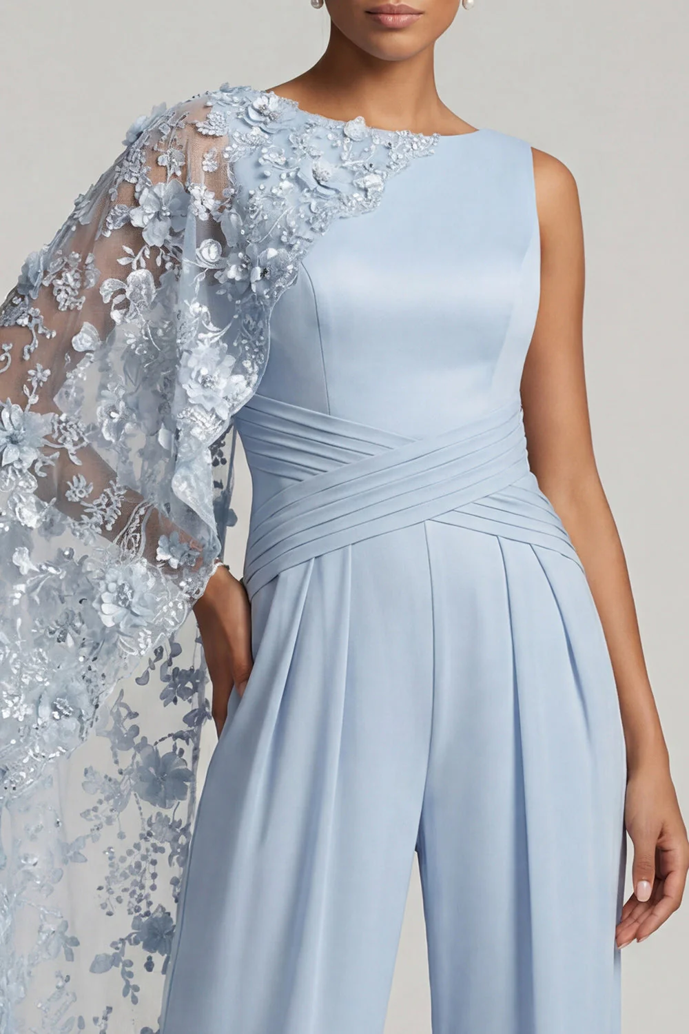 Sky Blue Boat Neck 3D Flowers Long Mother of the Bride Jumpsuits with Side Cape - Image 4