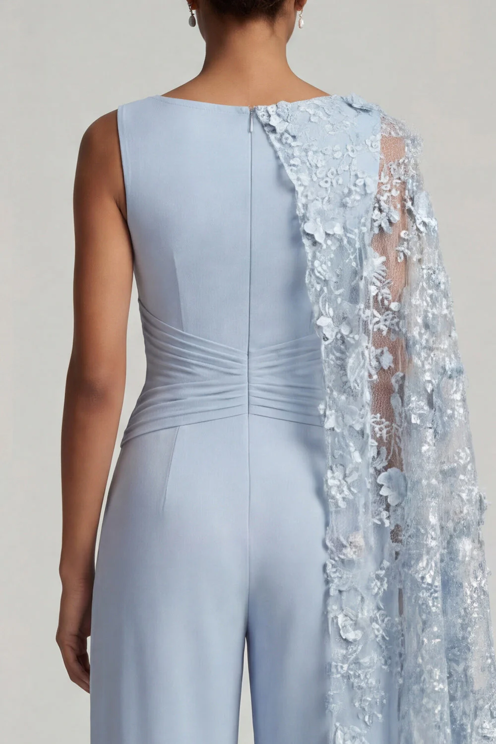 Sky Blue Boat Neck 3D Flowers Long Mother of the Bride Jumpsuits with Side Cape - Image 5