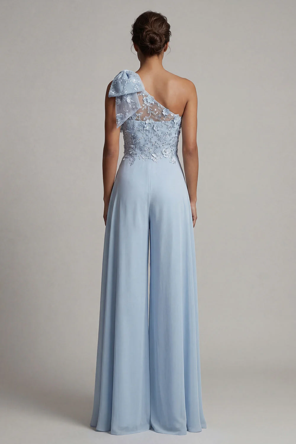 Sky Blue One Shoulder Chiffon Mother of the Bride Jumpsuits with Bow - Image 2