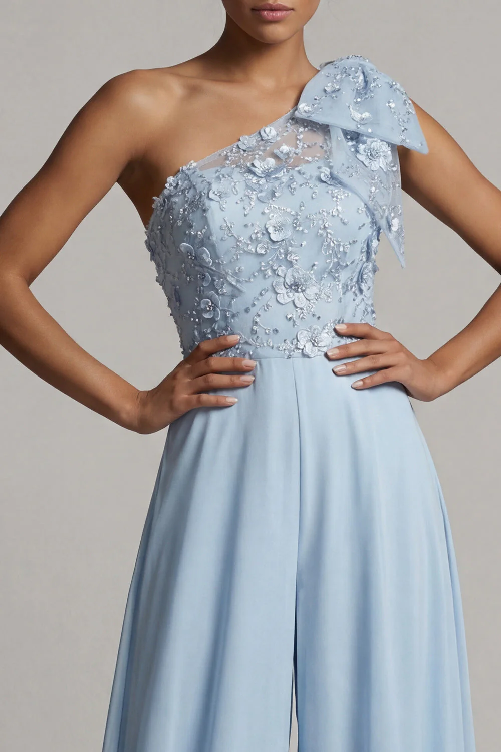 Sky Blue One Shoulder Chiffon Mother of the Bride Jumpsuits with Bow - Image 3