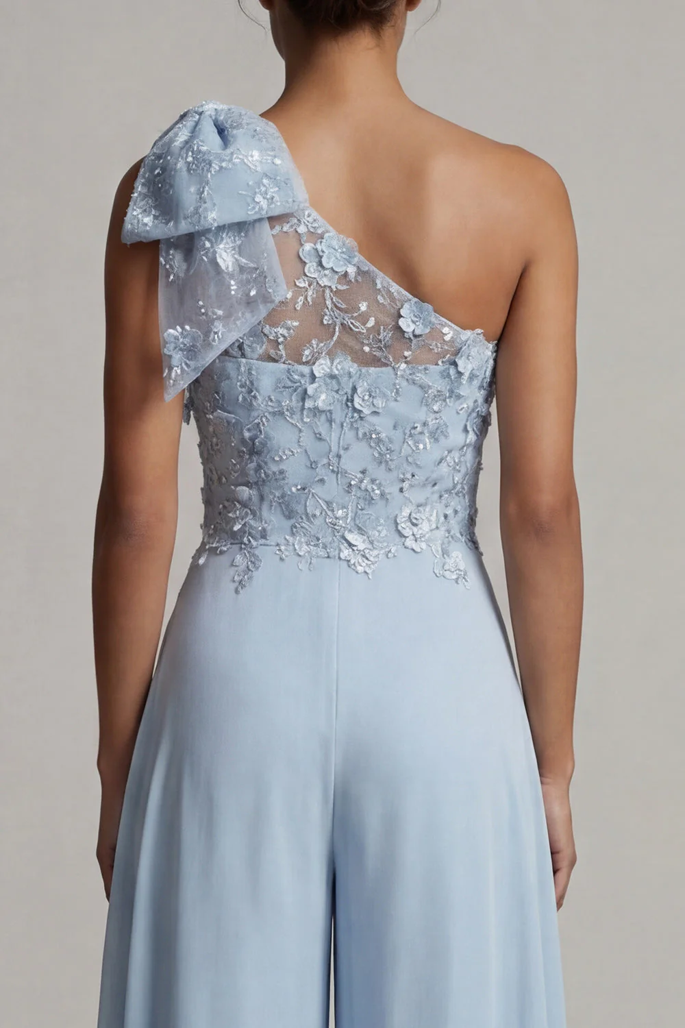Sky Blue One Shoulder Chiffon Mother of the Bride Jumpsuits with Bow - Image 4