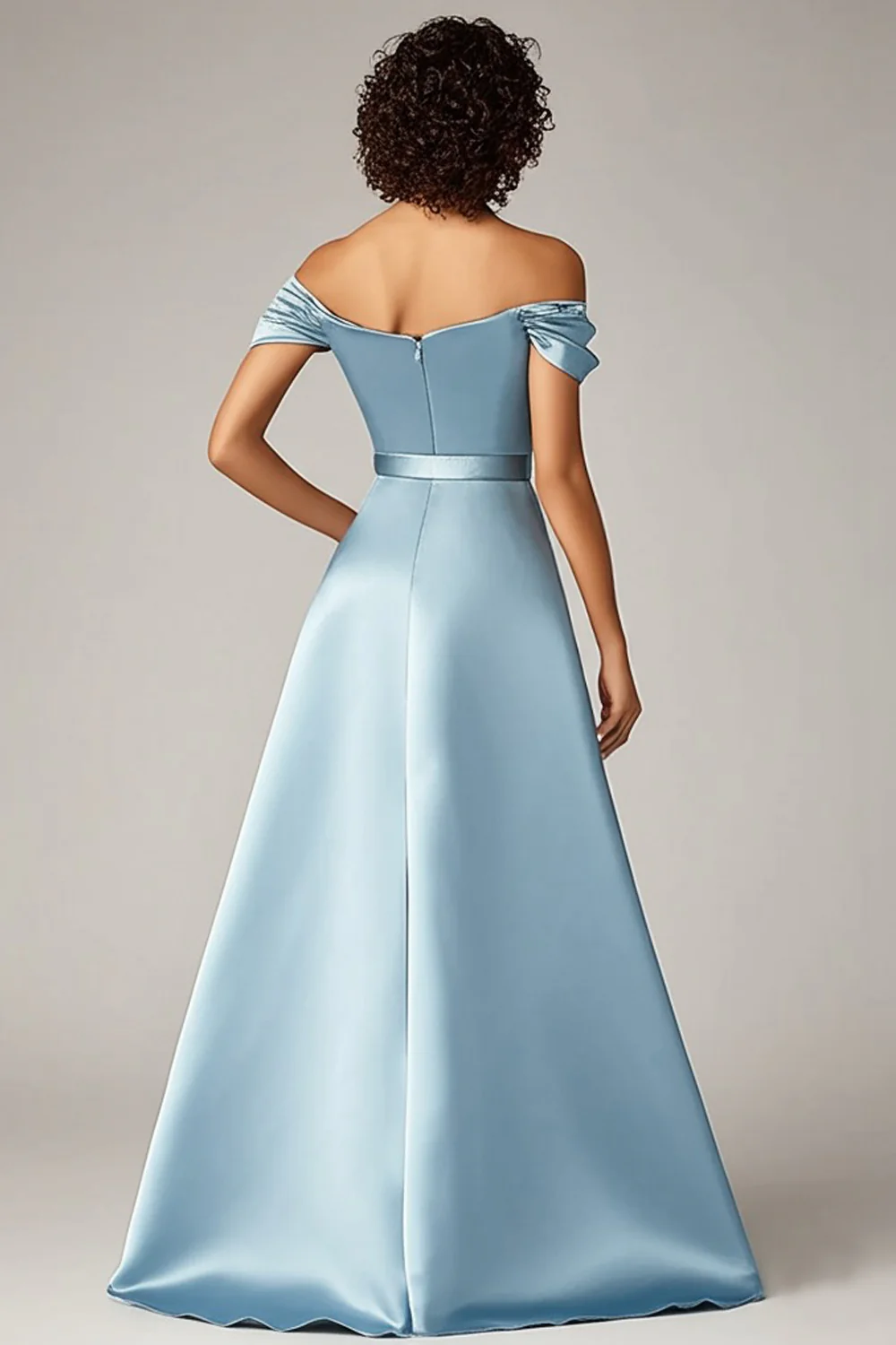 Sky Blue Off The Shoulder A Line Satin Formal Dress - Image 2