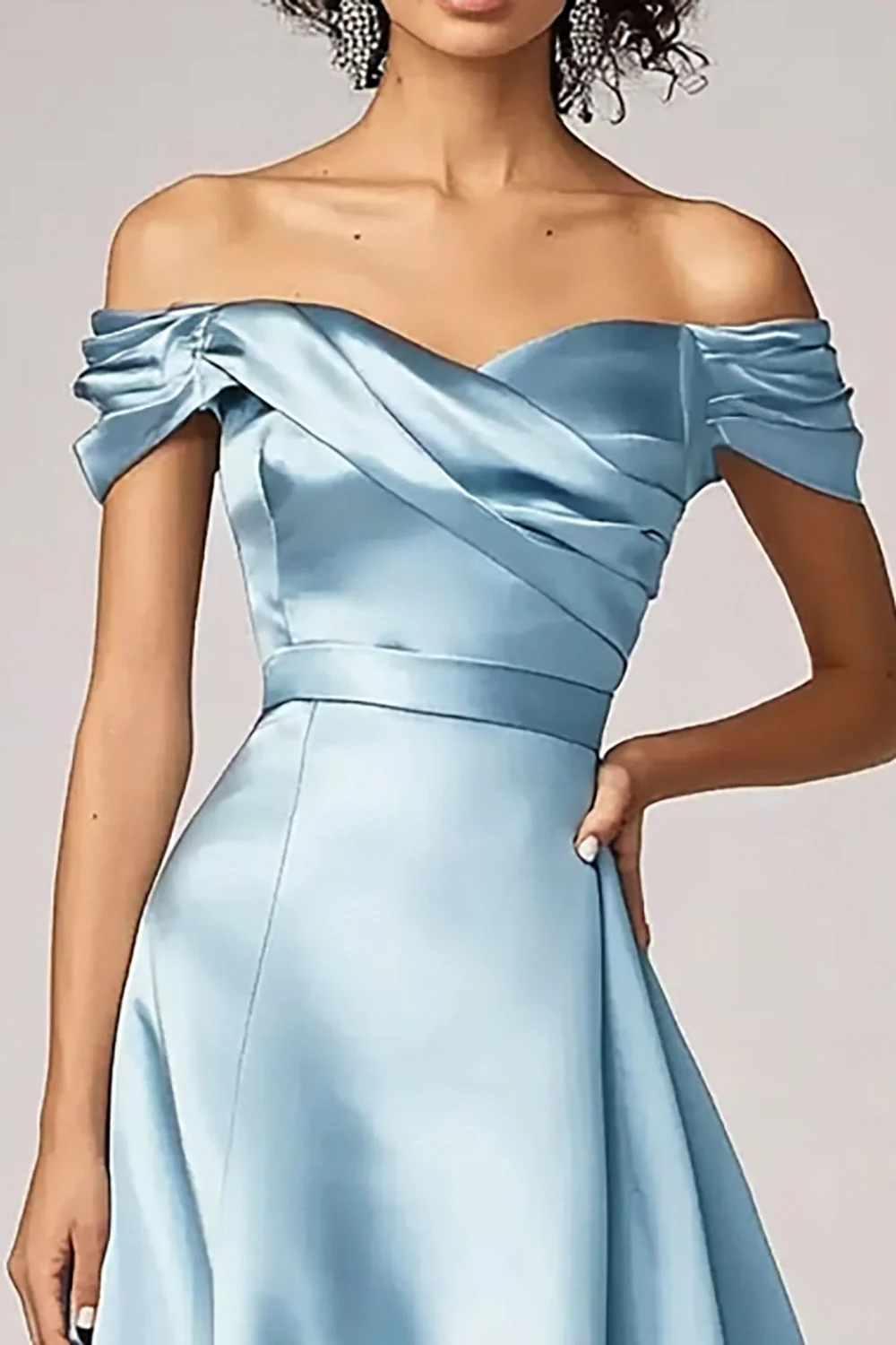 Sky Blue Off The Shoulder A Line Satin Formal Dress - Image 3