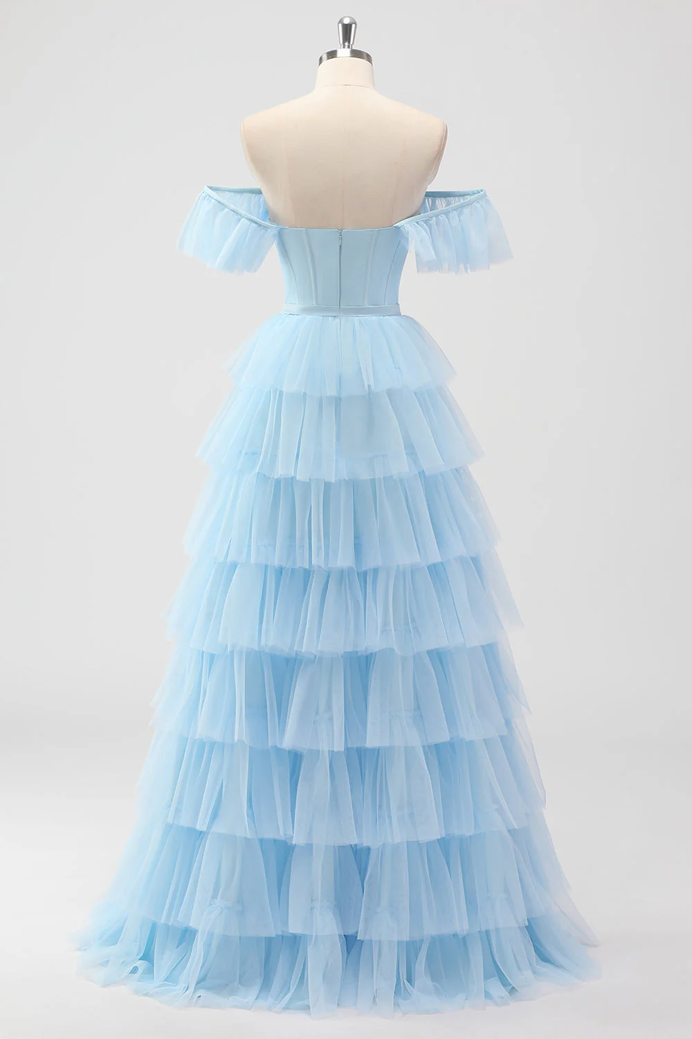 Sky Blue Off The Shoulder Tiered Corset A Line Bridesmaid Dress - Image 2
