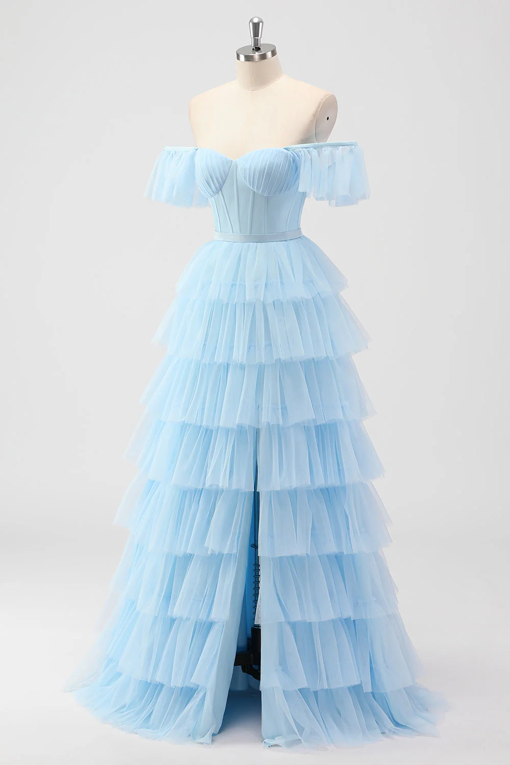 Sky Blue Off The Shoulder Tiered Corset A Line Bridesmaid Dress - Image 3