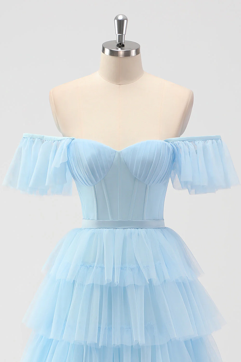 Sky Blue Off The Shoulder Tiered Corset A Line Bridesmaid Dress - Image 4
