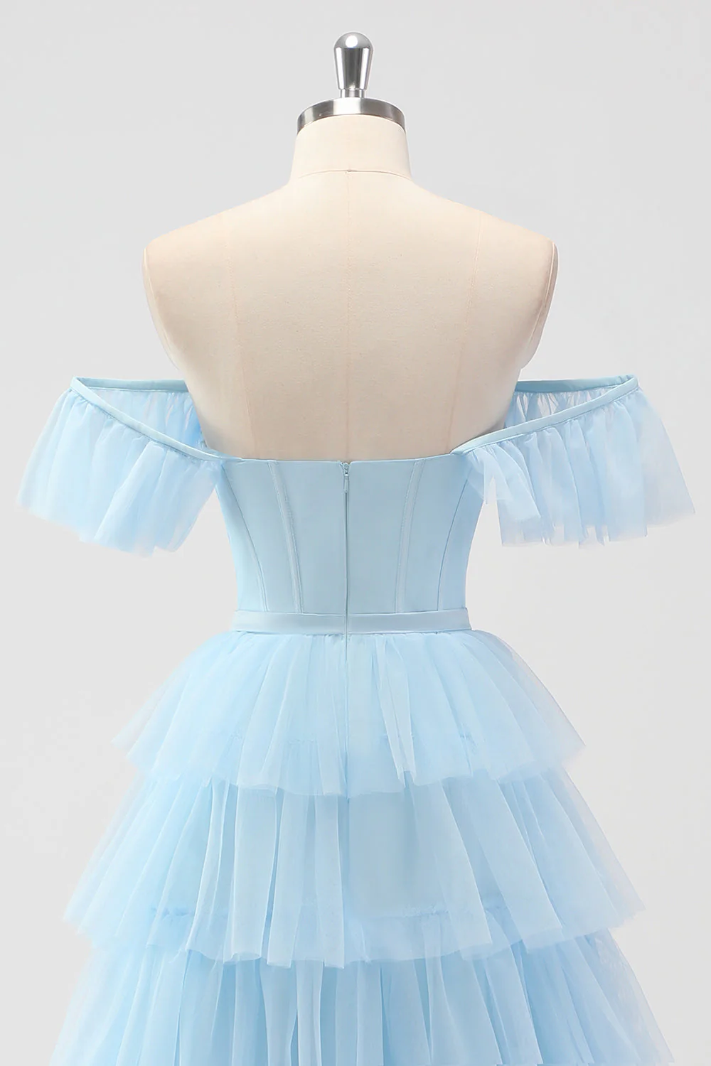 Sky Blue Off The Shoulder Tiered Corset A Line Bridesmaid Dress - Image 5