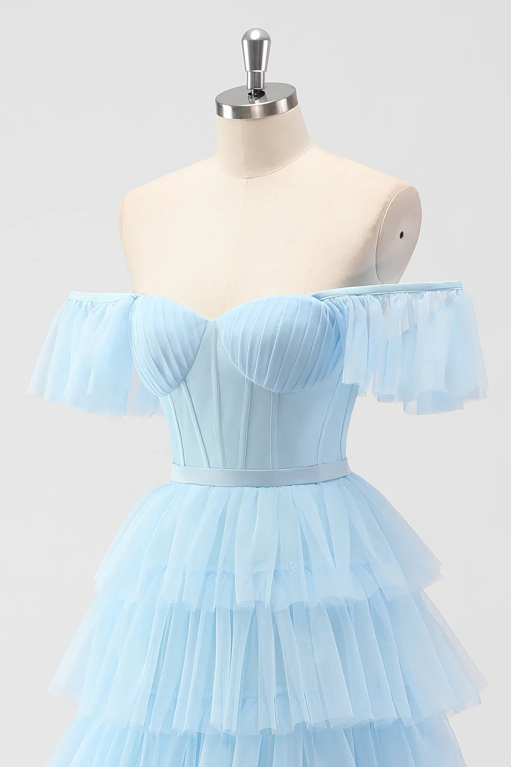 Sky Blue Off The Shoulder Tiered Corset A Line Bridesmaid Dress - Image 6