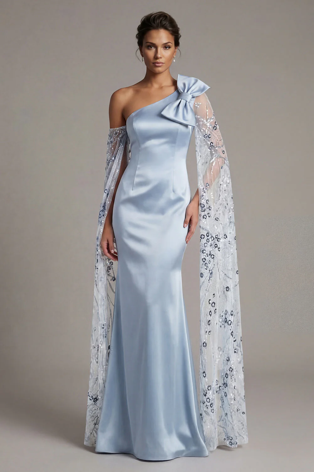 Mermaid One Shoulder Sky Blue Satin Mother Of the Bride Dress with Bow