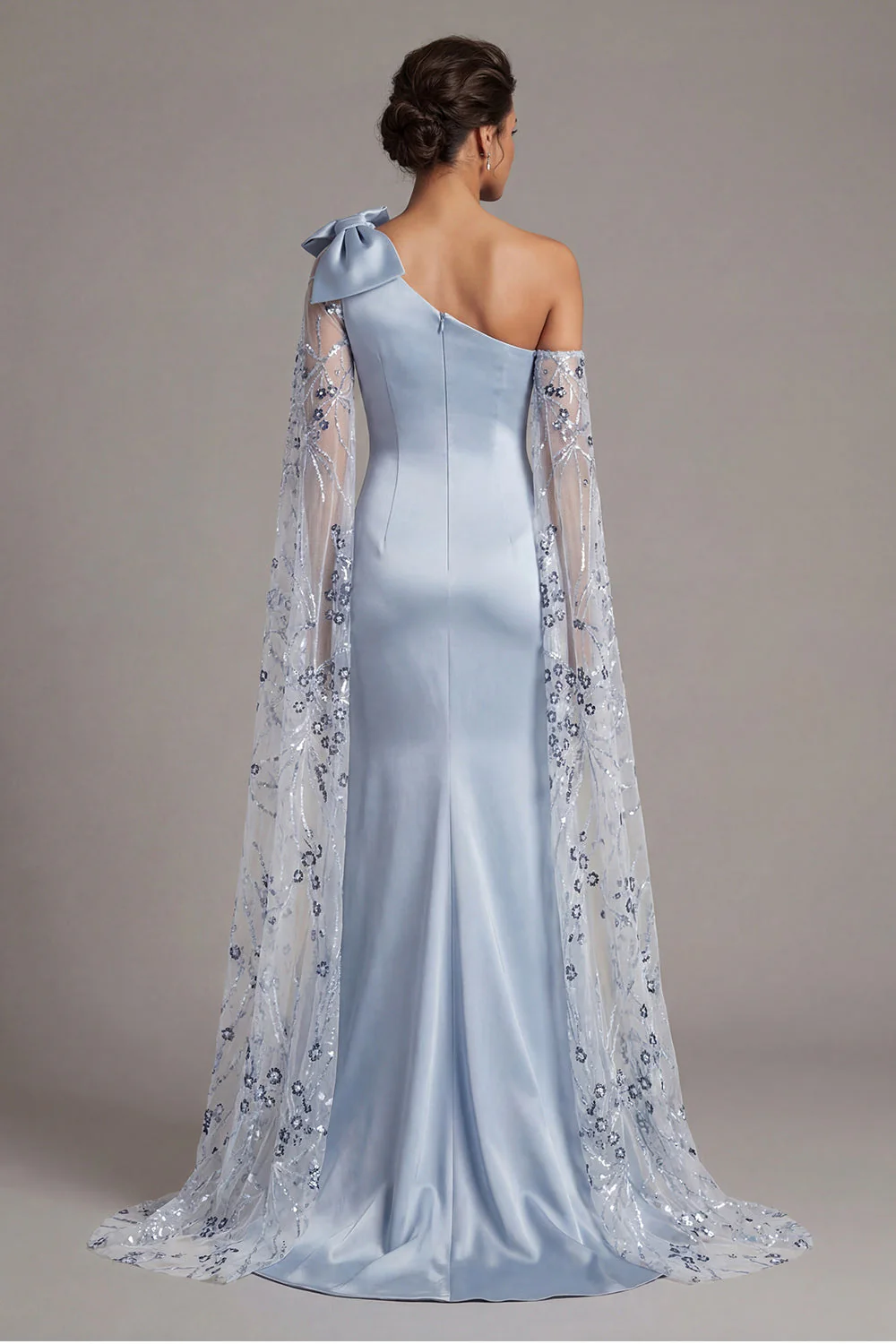 Mermaid One Shoulder Sky Blue Satin Mother Of the Bride Dress with Bow - Image 2