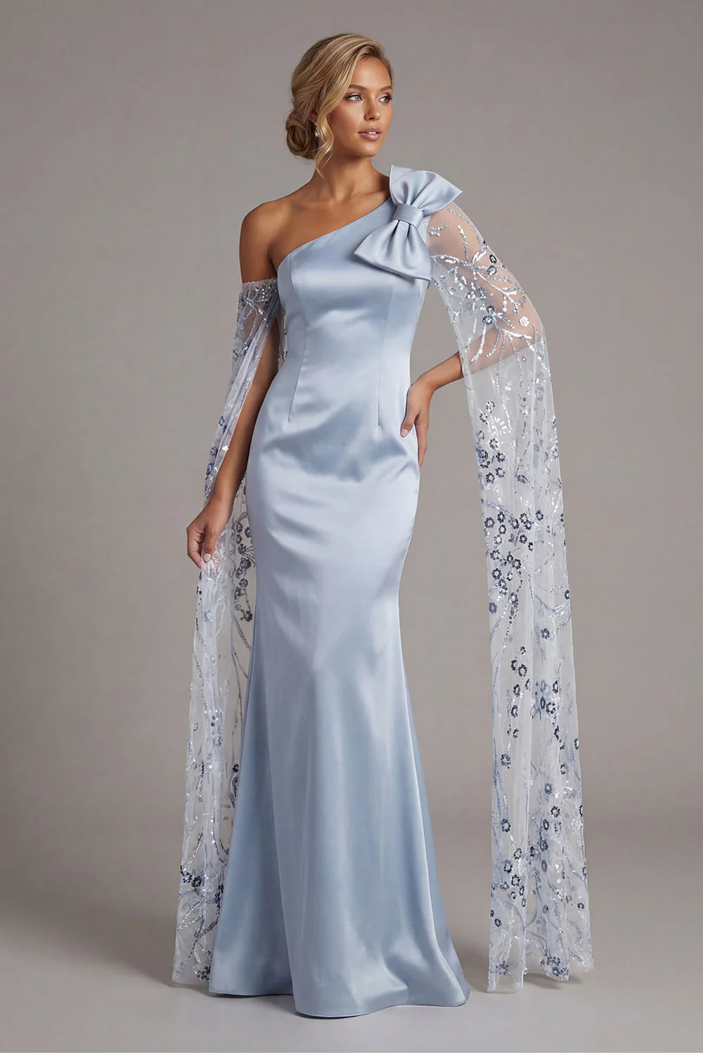 Mermaid One Shoulder Sky Blue Satin Mother Of the Bride Dress with Bow - Image 3