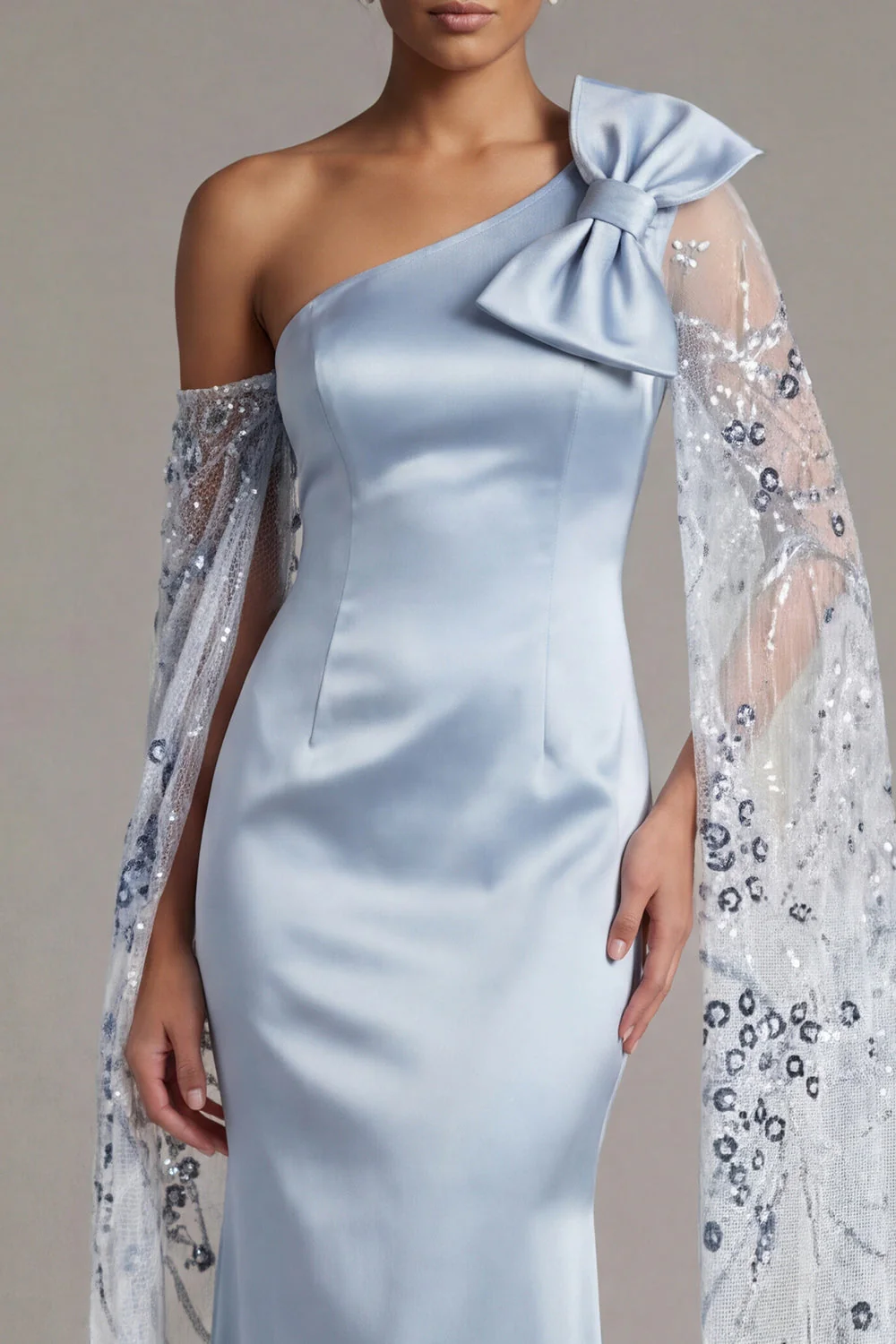 Mermaid One Shoulder Sky Blue Satin Mother Of the Bride Dress with Bow - Image 4