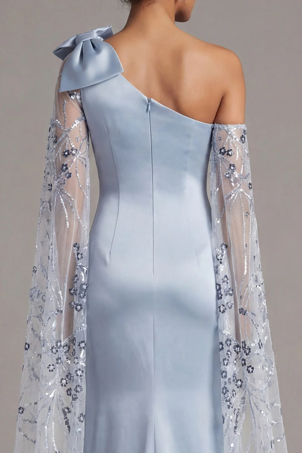 Mermaid One Shoulder Sky Blue Satin Mother Of the Bride Dress with Bow - Image 5