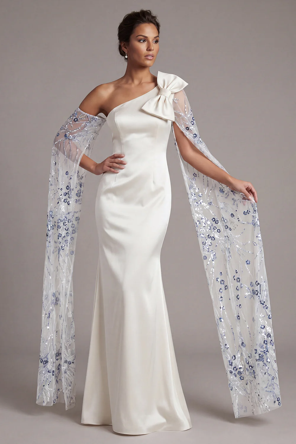 Mermaid One Shoulder Sky Blue Satin Mother Of the Bride Dress with Bow - Image 6