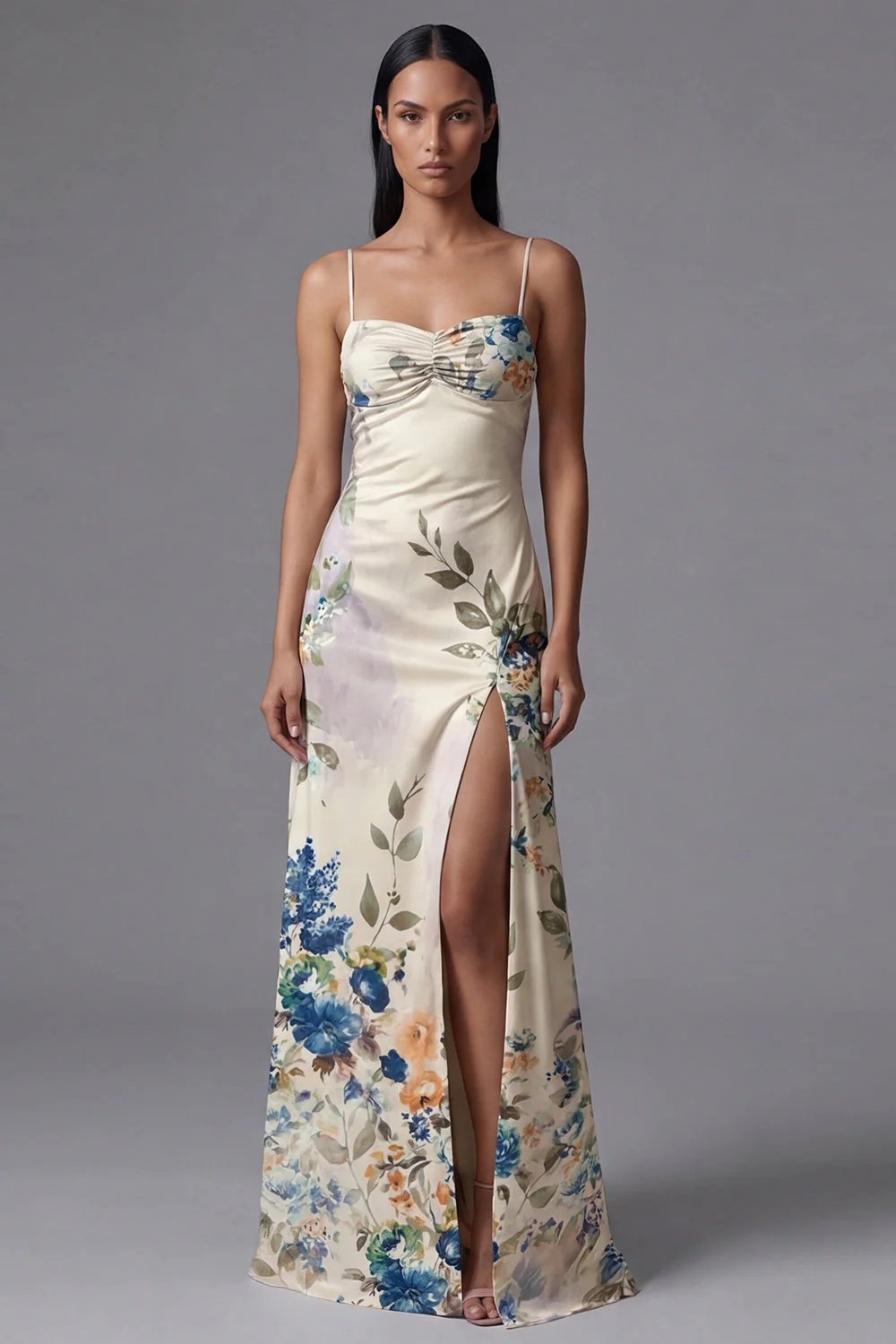 Ivory A Line Spaghetti Straps Printed Maxi Floral Dress with Slit