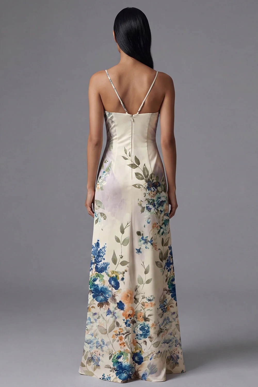 Ivory A Line Spaghetti Straps Printed Maxi Floral Dress with Slit - Image 2