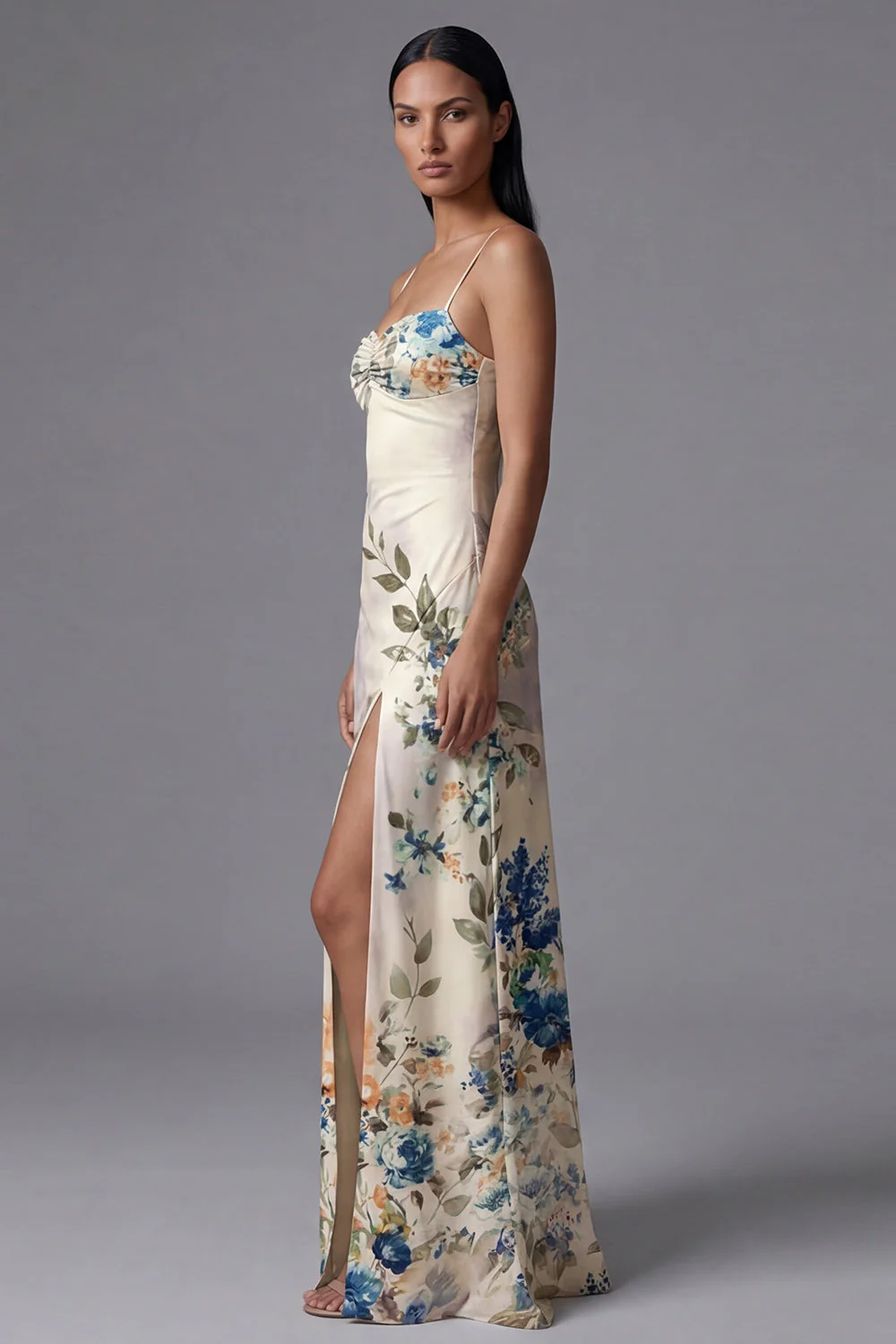 Ivory A Line Spaghetti Straps Printed Maxi Floral Dress with Slit - Image 3