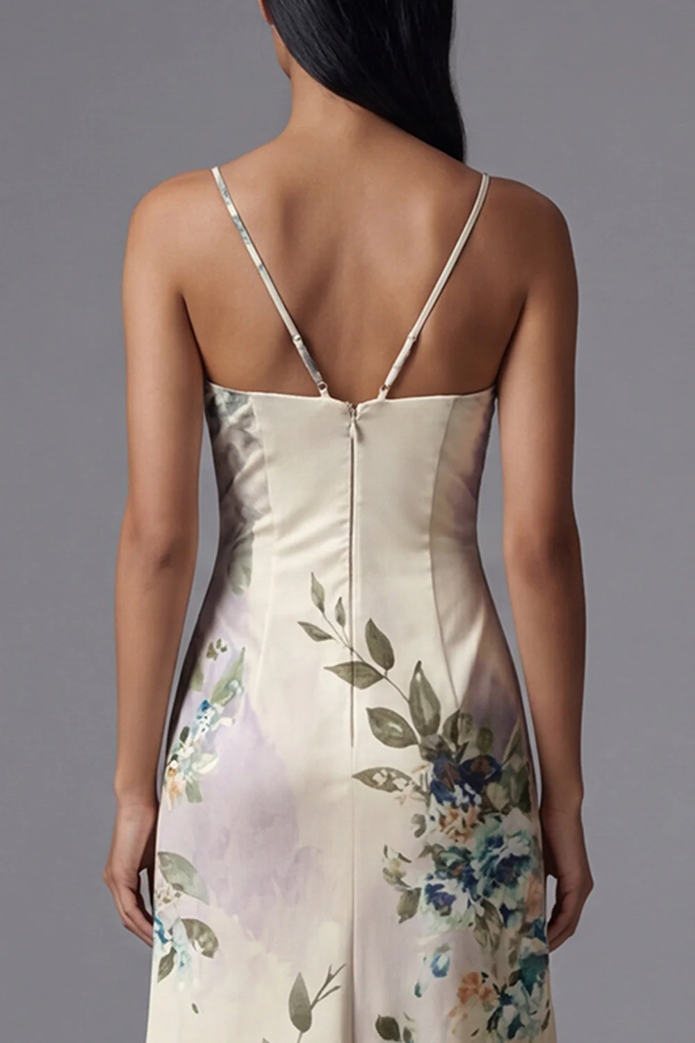 Ivory A Line Spaghetti Straps Printed Maxi Floral Dress with Slit - Image 5