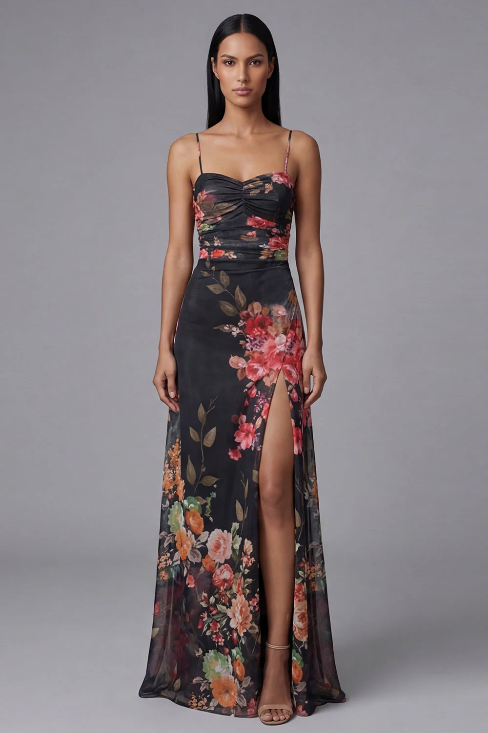 Ivory A Line Spaghetti Straps Printed Maxi Floral Dress with Slit - Image 6