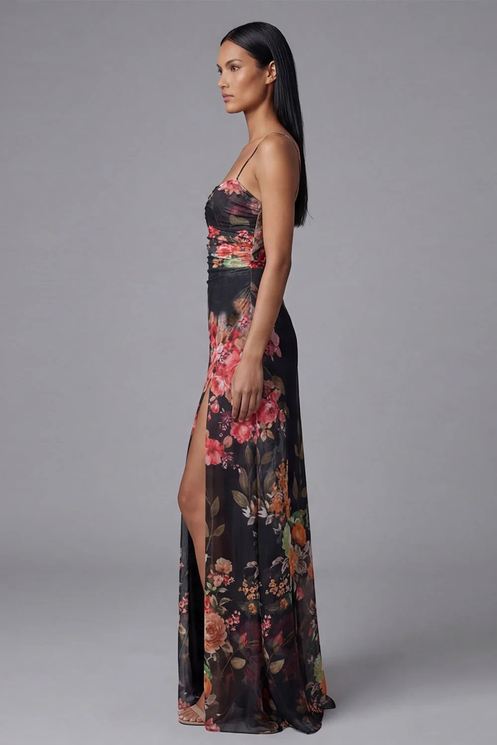 Ivory A Line Spaghetti Straps Printed Maxi Floral Dress with Slit - Image 7