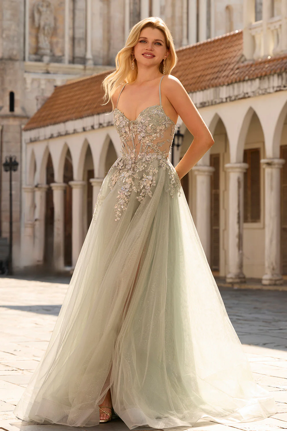 Sparkly A-Line Beaded Corset Peach Sequin Long Tulle Prom Dress with Slit - Image 13