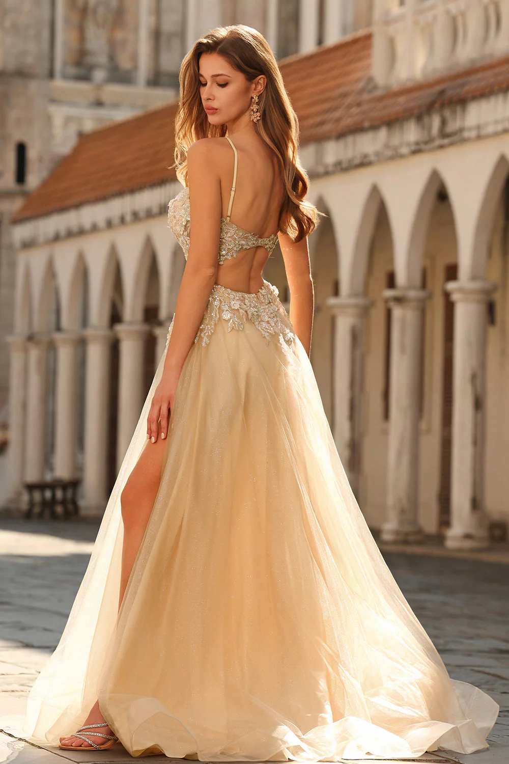 Sparkly A-Line Beaded Corset Peach Sequin Long Tulle Prom Dress with Slit - Image 2