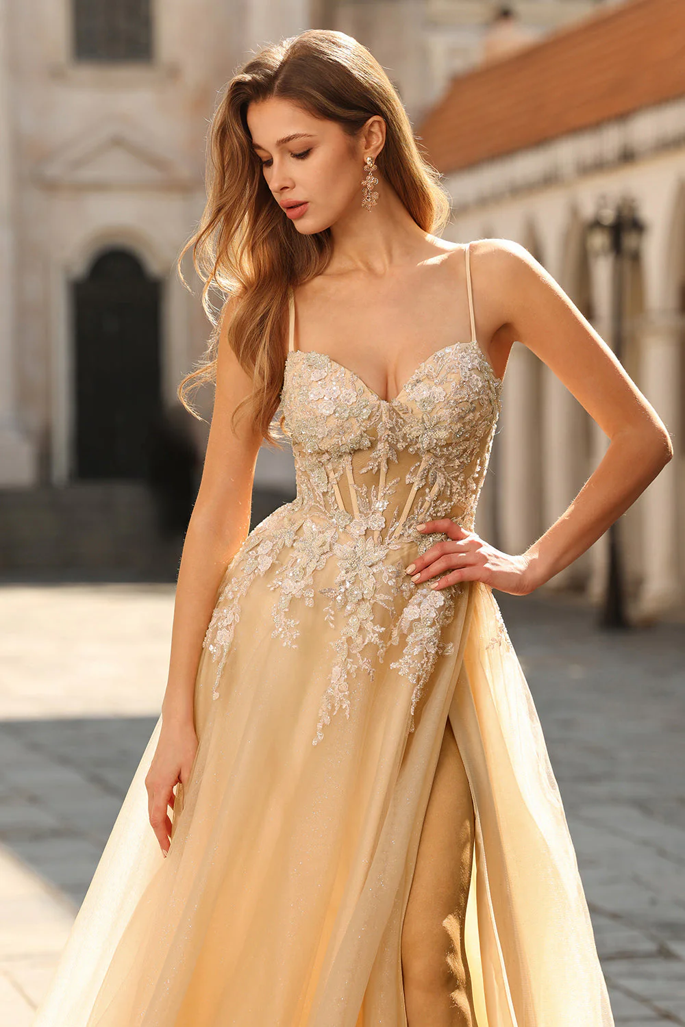 Sparkly A-Line Beaded Corset Peach Sequin Long Tulle Prom Dress with Slit - Image 7