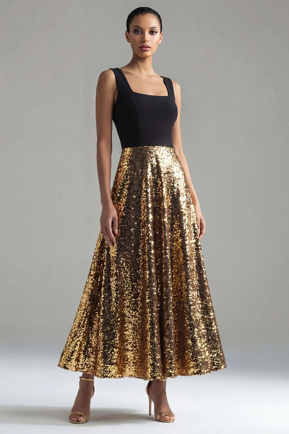 Sparkly Black and Gold A-Line Square Neck Long Evening Dress with Sequins
