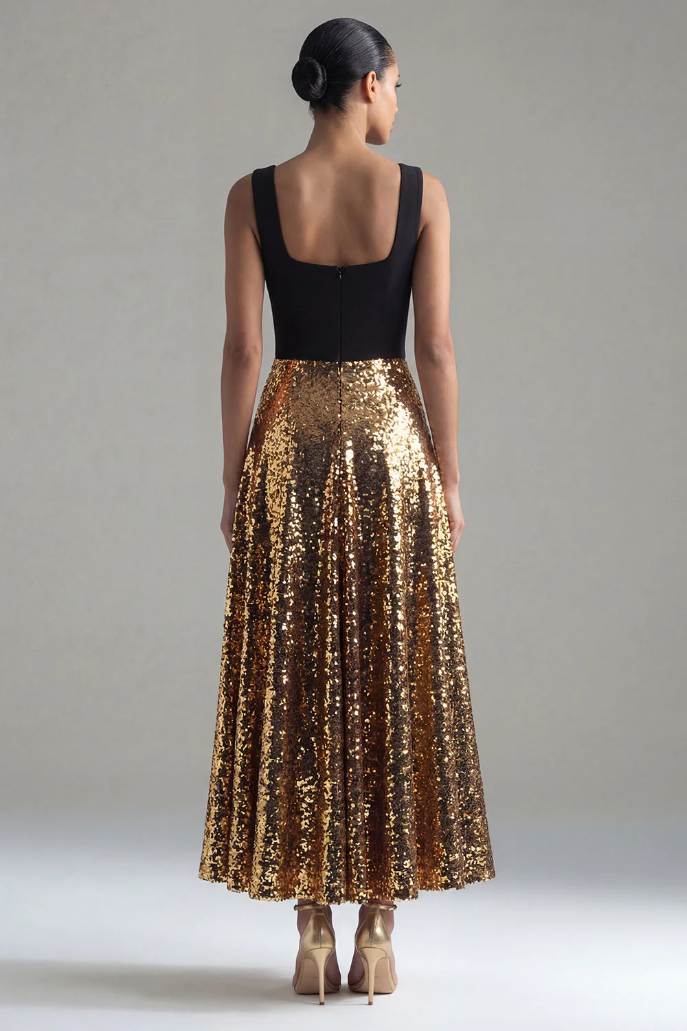 Sparkly Black and Gold A-Line Square Neck Long Evening Dress with Sequins - Image 2