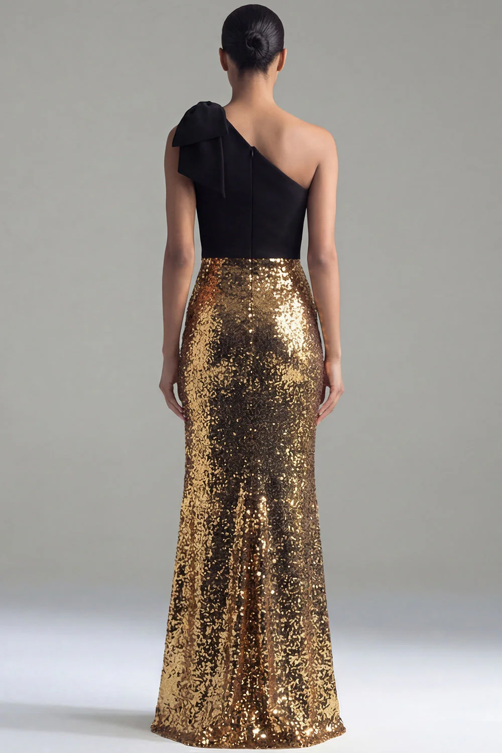 Sparkly Black and Gold One Shoulder Mermaid Sequins Bowed Evening Dress with Slit - Image 2