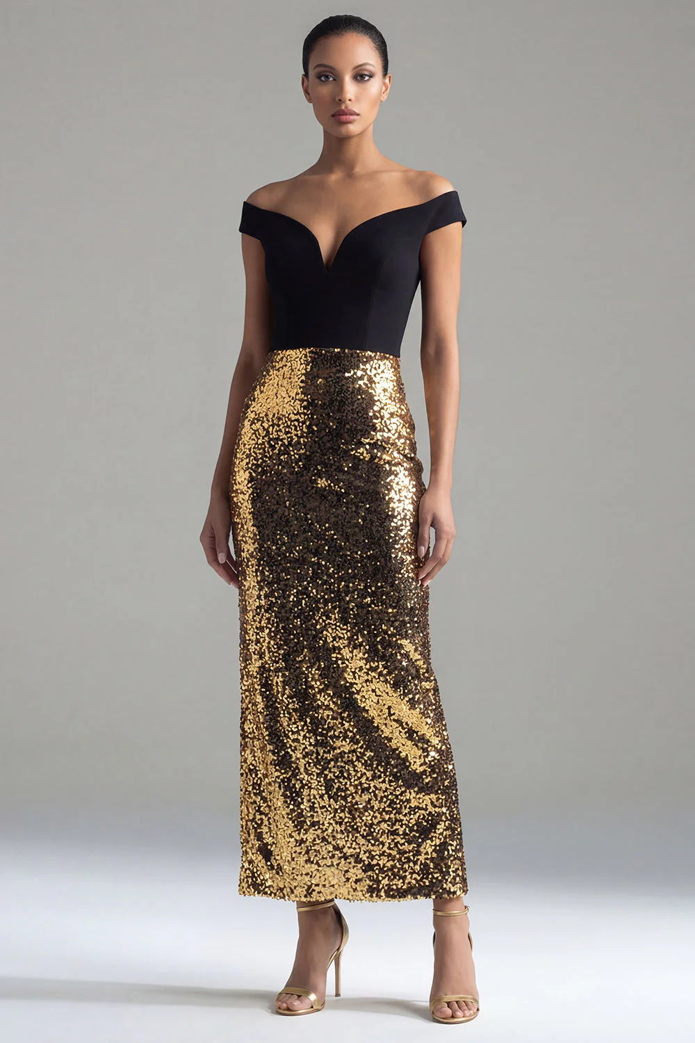 Sparkly Black and Gold Off the Shoulder Sequins Sheath Long Evening Dress with Slit