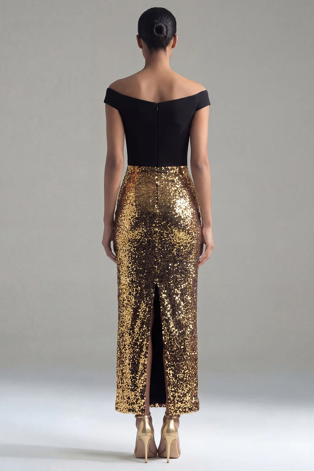 Sparkly Black and Gold Off the Shoulder Sequins Sheath Long Evening Dress with Slit - Image 2