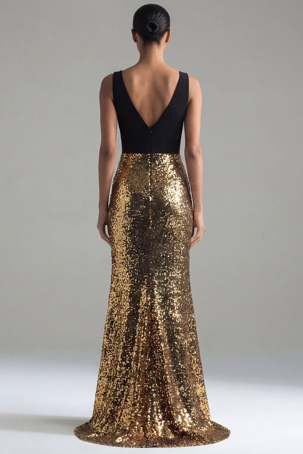 Sparkly Mermaid Black and Gold Sequins V-Neck Long Evening Dress with Slit - Image 2