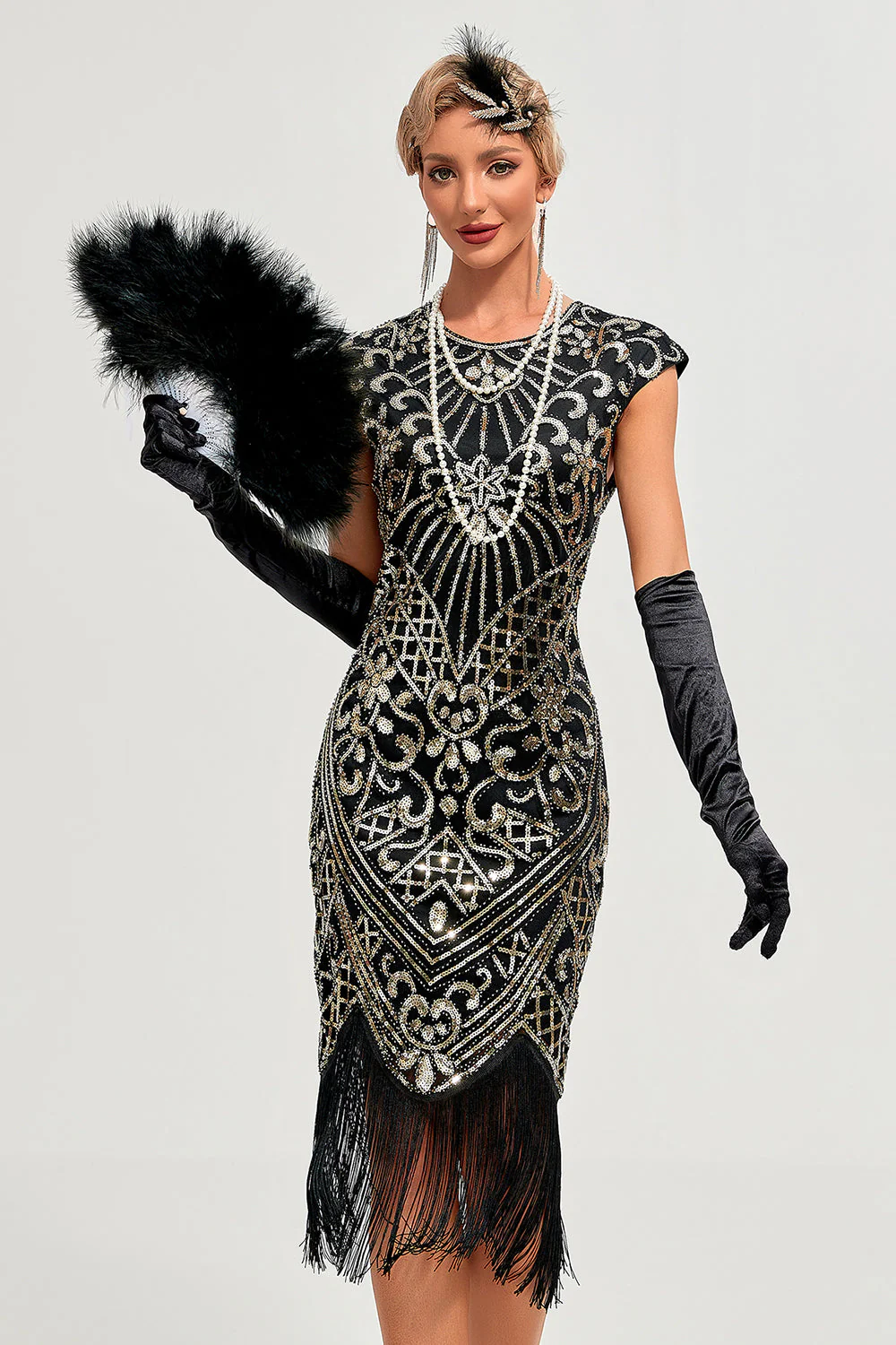 Sparkly Black Beaded Fringed 1920s Gatsby Dress - Image 11