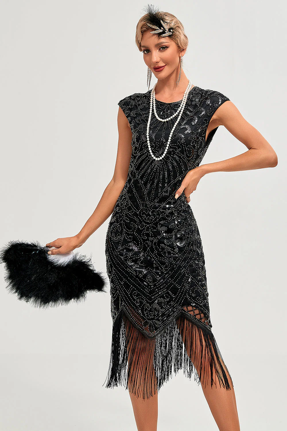 Sparkly Black Beaded Fringed 1920s Gatsby Dress - Image 4